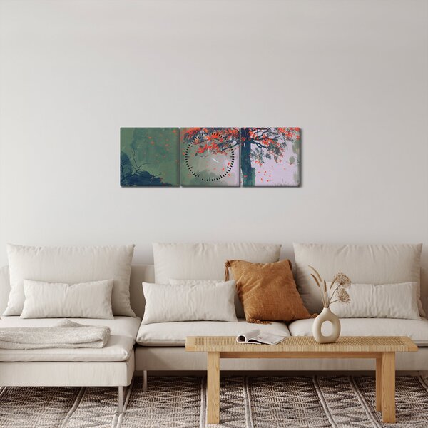 Obraz osamoceného červeného stromu (s hodinami) (90x30 cm)
