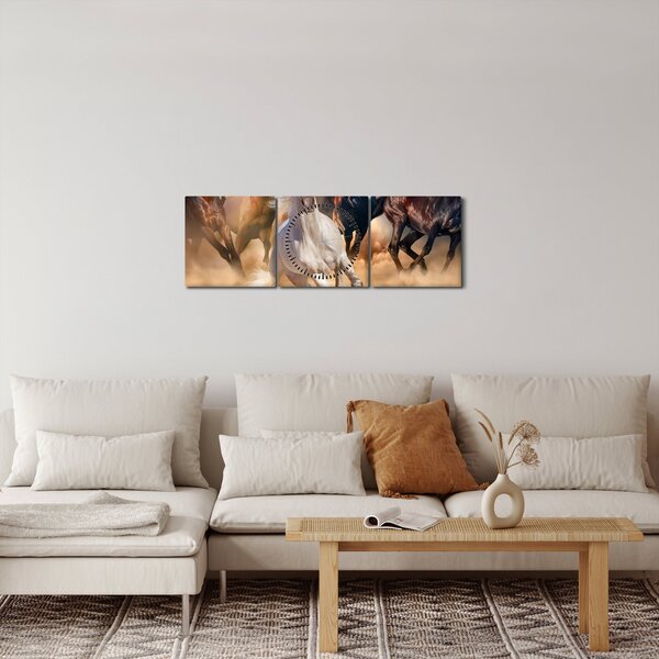 Obraz - Koně v poušti (s hodinami) (90x30 cm)