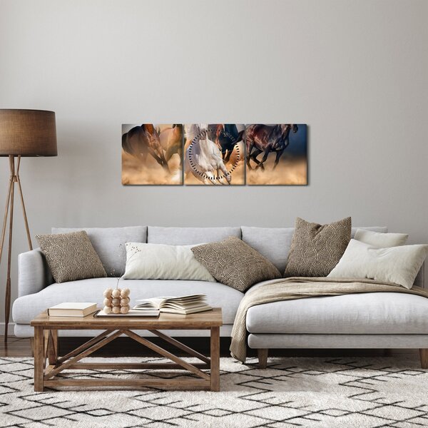 Obraz - Koně v poušti (s hodinami) (90x30 cm)