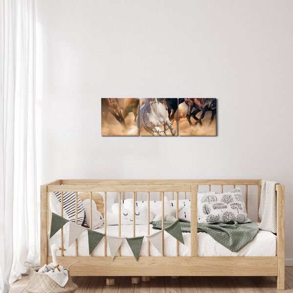 Obraz - Koně v poušti (s hodinami) (90x30 cm)