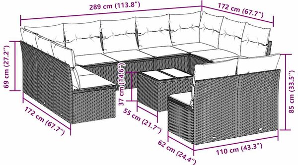 12dílná zahradní sedací souprava podušky světle šedá polyratan 3218362