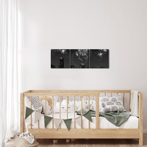 Obraz - Ohňostroj v Miami, černobílá (s hodinami) (90x30 cm)