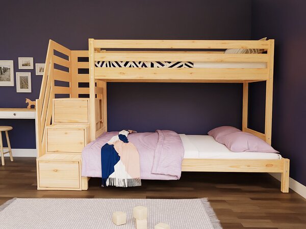 Patrová postel ARARAT pro 3 osoby s úložnými schody - Bílá, 90x200 a 140x200 cm, Zvolte šuplík: Bez šuplíku