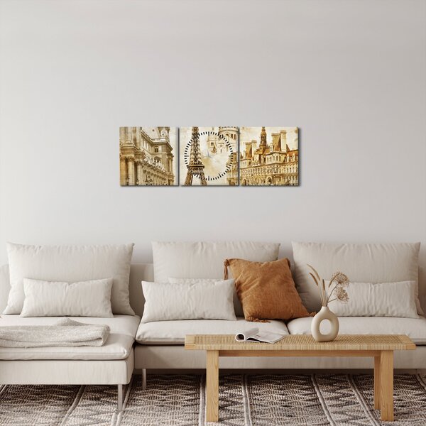 Obraz - Pařížské památky (s hodinami) (90x30 cm)