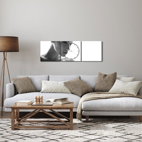 Obraz - Černobílý portrét ženy (s hodinami) (90x30 cm)