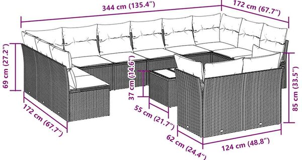 13dílná zahradní sedací souprava podušky světle šedá polyratan 3218442