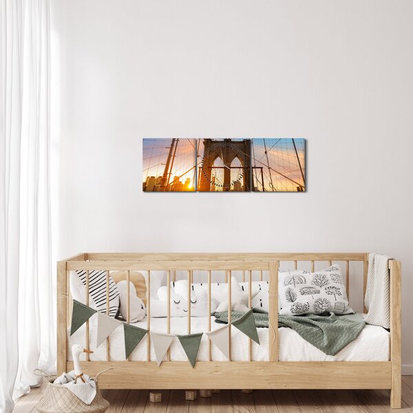Obraz - Brooklynský most, Manhattan, New York (s hodinami) (90x30 cm)