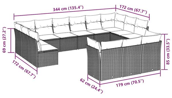 13dílná zahradní sedací souprava podušky světle šedá polyratan 3218452