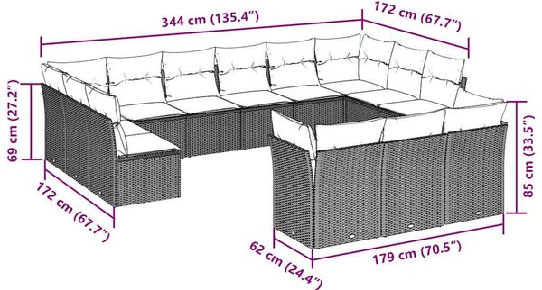 13dílná zahradní sedací souprava s poduškami hnědá polyratan 3218453