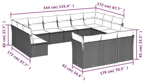 13dílná zahradní sedací souprava s poduškami šedá polyratan 3218450