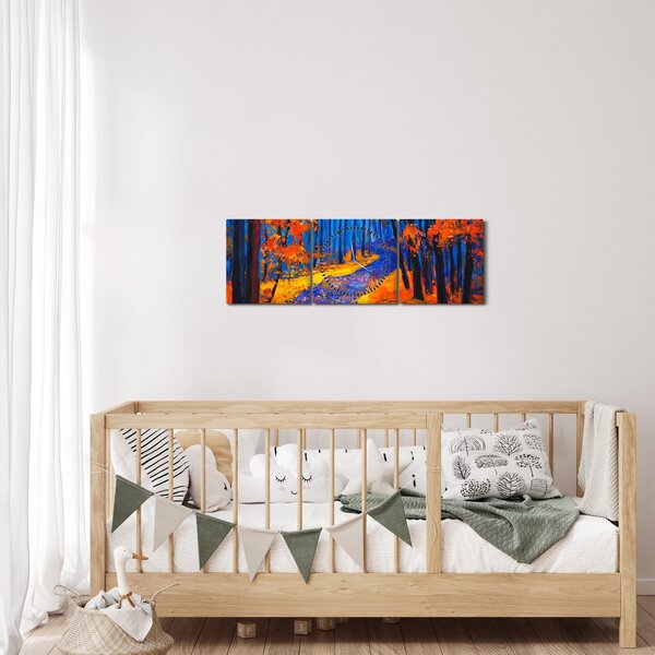 Obraz podzimního lesa (s hodinami) (90x30 cm)