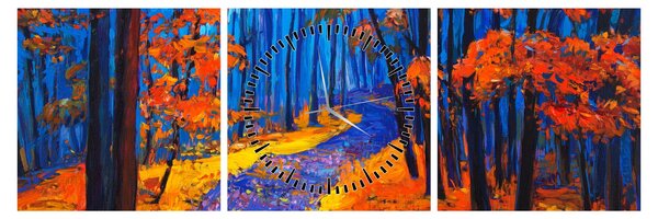 Obraz podzimního lesa (s hodinami) (90x30 cm)