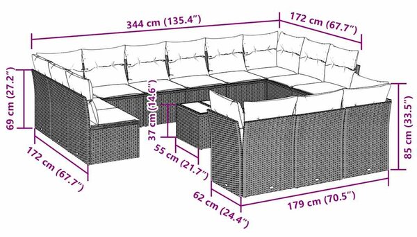 14dílná zahradní sedací souprava podušky světle šedá polyratan 3218462
