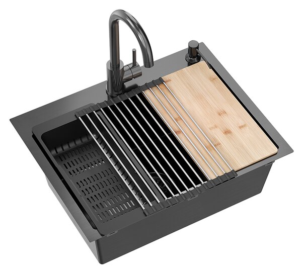 Kuchyňský nerezový dřez QUADRON LUKE 110 černý metalický s baterií a příslušenstvím 58x45x20 cm