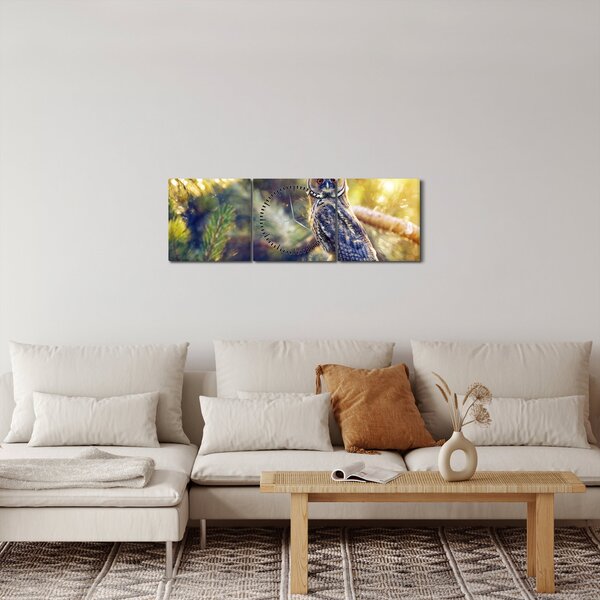 Obraz sovy na stromě (s hodinami) (90x30 cm)