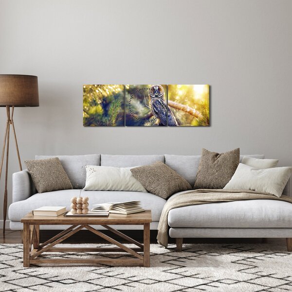 Obraz sovy na stromě (s hodinami) (90x30 cm)