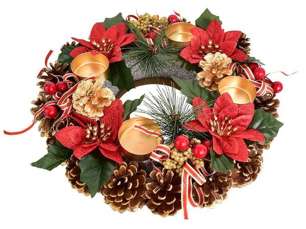 Adventní šiškový věnec POINSETTIA s mašlí 30 cm