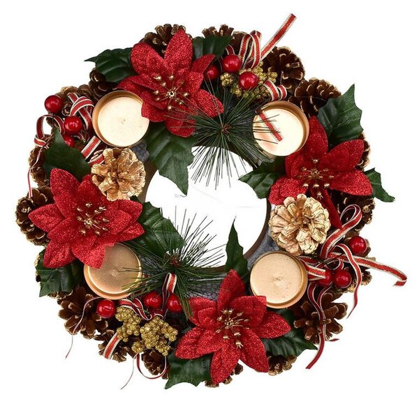 Adventní šiškový věnec POINSETTIA s mašlí 30 cm