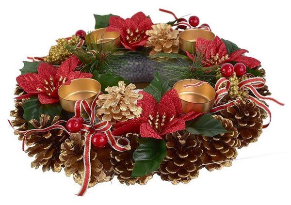 Adventní šiškový věnec POINSETTIA s mašlí 30 cm
