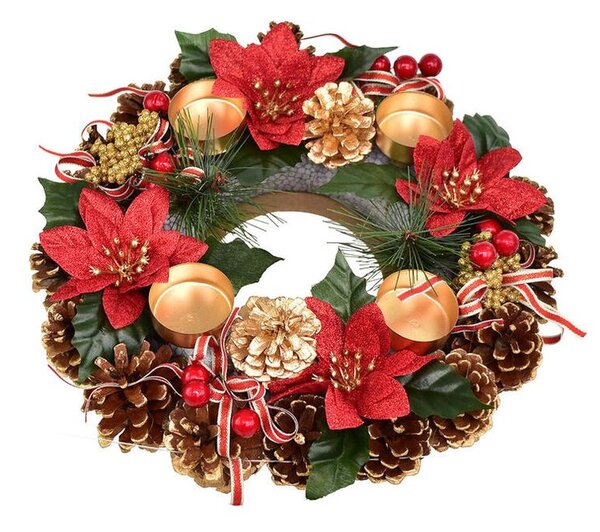 Adventní šiškový věnec POINSETTIA s mašlí 30 cm