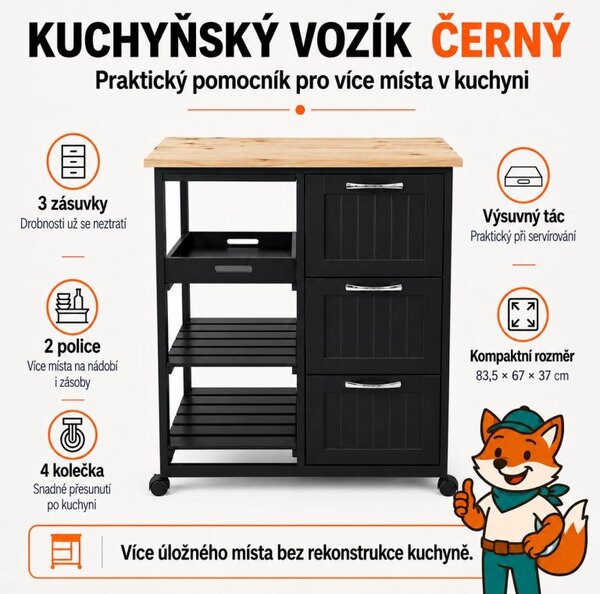 Kuchyňský vozík na kolečkách se zásuvkami, černý