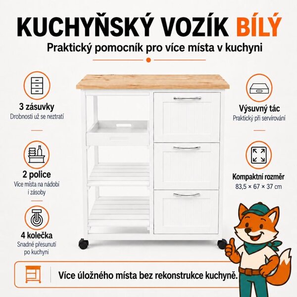Kuchyňský vozík na kolečkách se zásuvkami, bílý