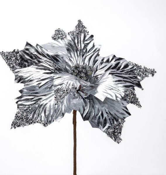 Květ POINSETTIA třpytivá 20 cm, stříbrná