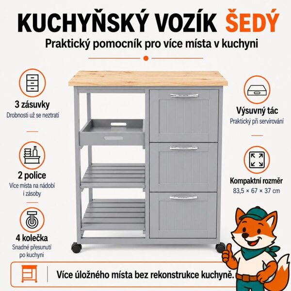 Kuchyňský vozík na kolečkách se zásuvkami, šedý