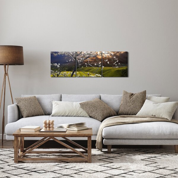 Obraz - Rozkvetlý strom v krajině (s hodinami) (90x30 cm)