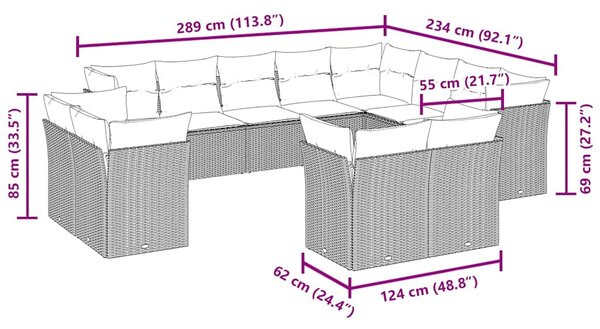 12dílná zahradní sedací souprava s poduškami hnědá polyratan 3218533