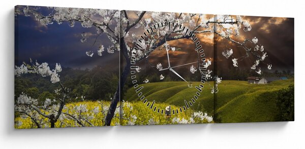 Obraz - Rozkvetlý strom v krajině (s hodinami) (90x30 cm)