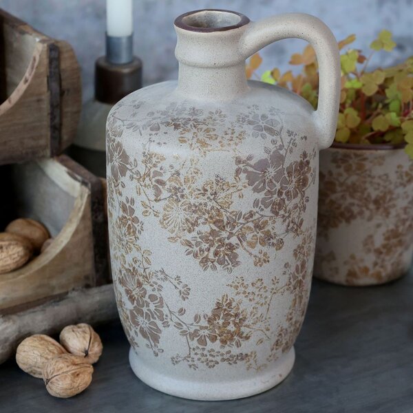 Béžová antik keramická váza s ouškem a květy Melun - Ø 13*25 cm - Chic Antique