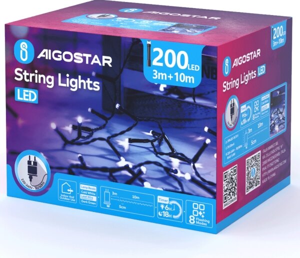 Aigostar - LED Venkovní vánoční řetěz 200xLED/8 funkcí 13m IP44 studená bílá