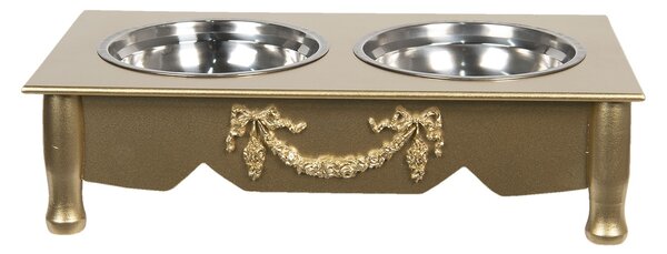 Misky ve zlatém dřevěném držáku pro zvířata - 41*22*12 cm / 2*0.5L - Clayre & Eef