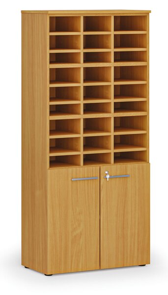 Třídicí regál s dveřmi PRIMO WOOD, 800 x 420 x 1781 mm, 27 přihrádek, buk