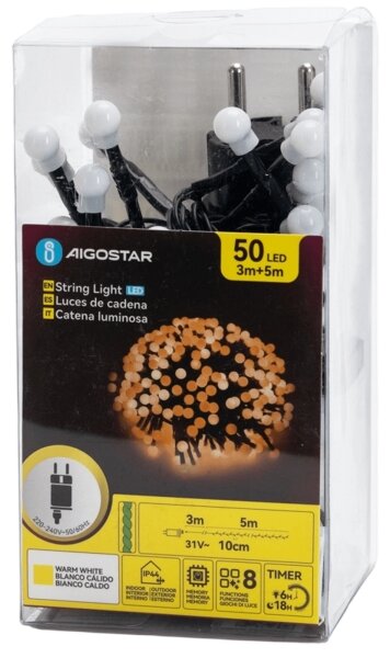 Aigostar - LED Venkovní vánoční řetěz 50xLED/8 funkcí 8m IP44 teplá bílá