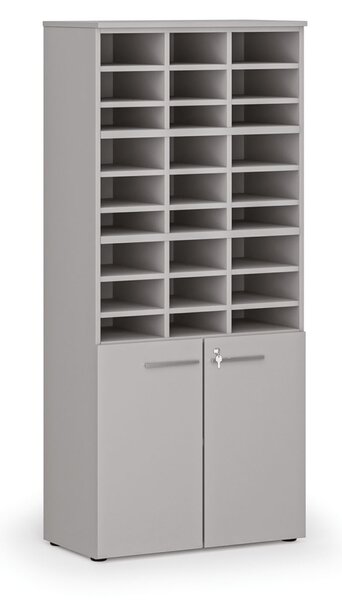 Třídicí regál s dveřmi PRIMO GRAY, 800 x 420 x 1781 mm, 27 přihrádek, šedý