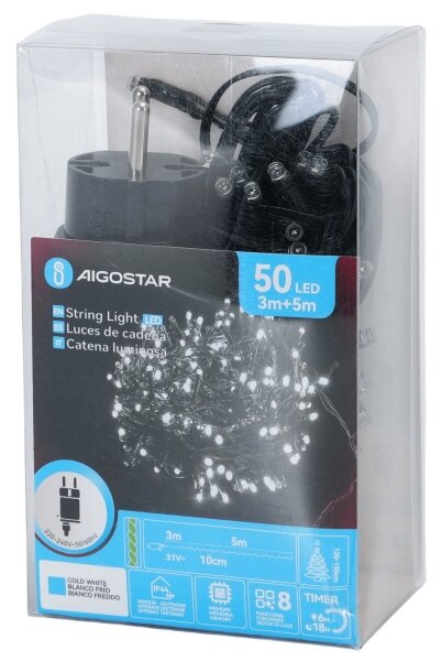 Aigostar - LED Venkovní vánoční řetěz 50xLED/8 funkcí 8m IP44 studená bílá