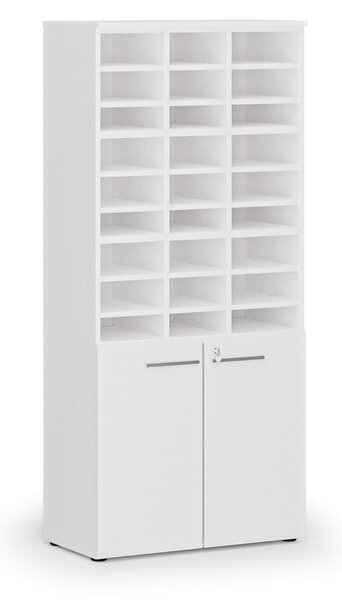Třídicí regál s dveřmi PRIMO WHITE, 800 x 420 x 1781 mm, 27 přihrádek, bílá