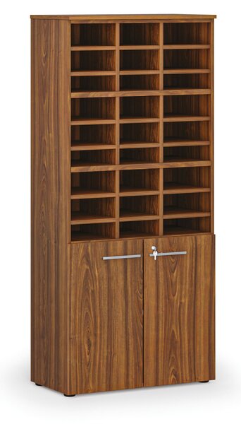 Třídicí regál s dveřmi PRIMO WOOD, 800 x 420 x 1781 mm, 27 přihrádek, ořech