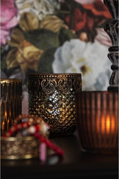 Zeleno zlatý skleněný svícen s patinou Tealight – 8x9 cm