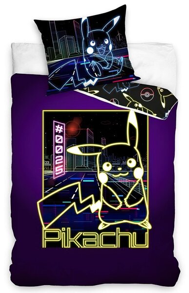 Carbotex dětské povlečení POKÉMON PIKACHU NEONOVÁ SHOW SVÍTÍCÍ EFEKT, tmavě fialové, bavlna hladká, 140x200cm + 70x90cm