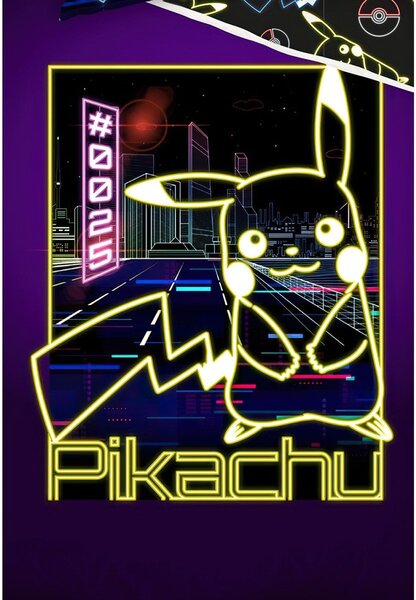 Carbotex dětské povlečení POKÉMON PIKACHU NEONOVÁ SHOW SVÍTÍCÍ EFEKT, tmavě fialové, bavlna hladká, 140x200cm + 70x90cm