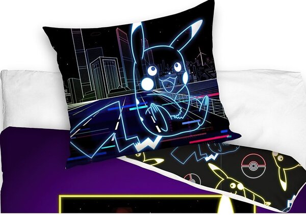 Carbotex dětské povlečení POKÉMON PIKACHU NEONOVÁ SHOW SVÍTÍCÍ EFEKT, tmavě fialové, bavlna hladká, 140x200cm + 70x90cm