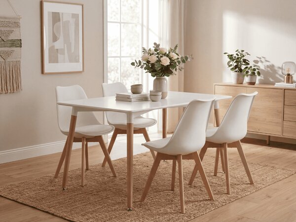 Jídelní set 1 + 4, bílý stůl ADRIA 120x80 cm + bílá židle BALI MARK s bukovými nohami