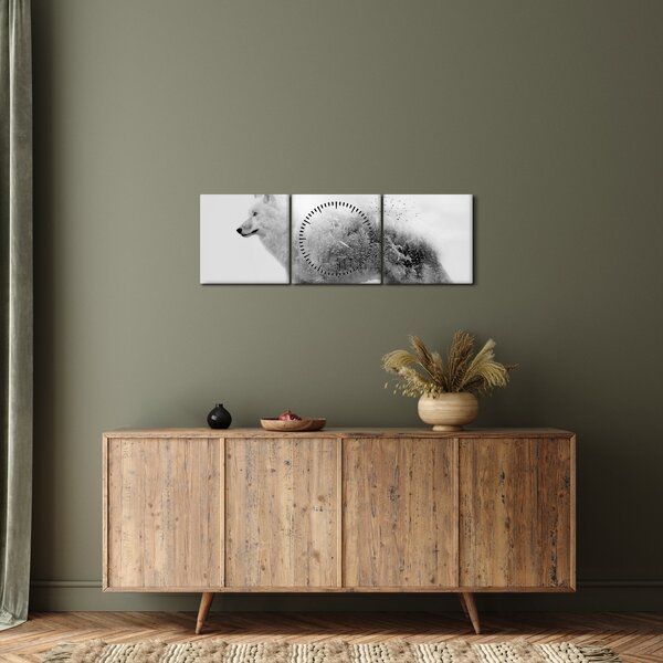 Obraz - Arktický vlk zrcadlící divokou krajinu, černobílý (s hodinami) (90x30 cm)