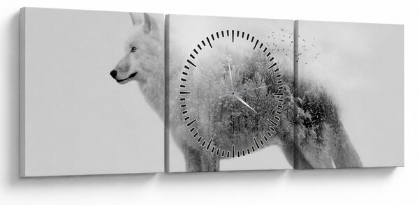 Obraz - Arktický vlk zrcadlící divokou krajinu, černobílý (s hodinami) (90x30 cm)