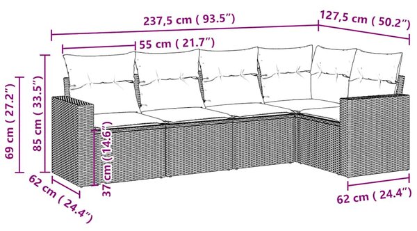 5dílná zahradní sedací souprava a podušky světle šedá polyratan 3218922