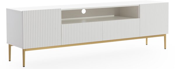 TV stolek Nicole 200 cm s otevřenou policí a zásuvkami - bílý mat / zlaté nohy