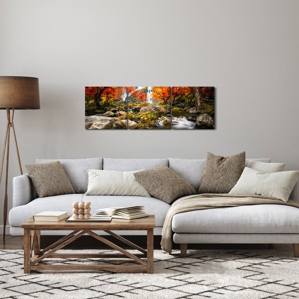Obraz - Vodopády v oranžovém lese (s hodinami) (90x30 cm)